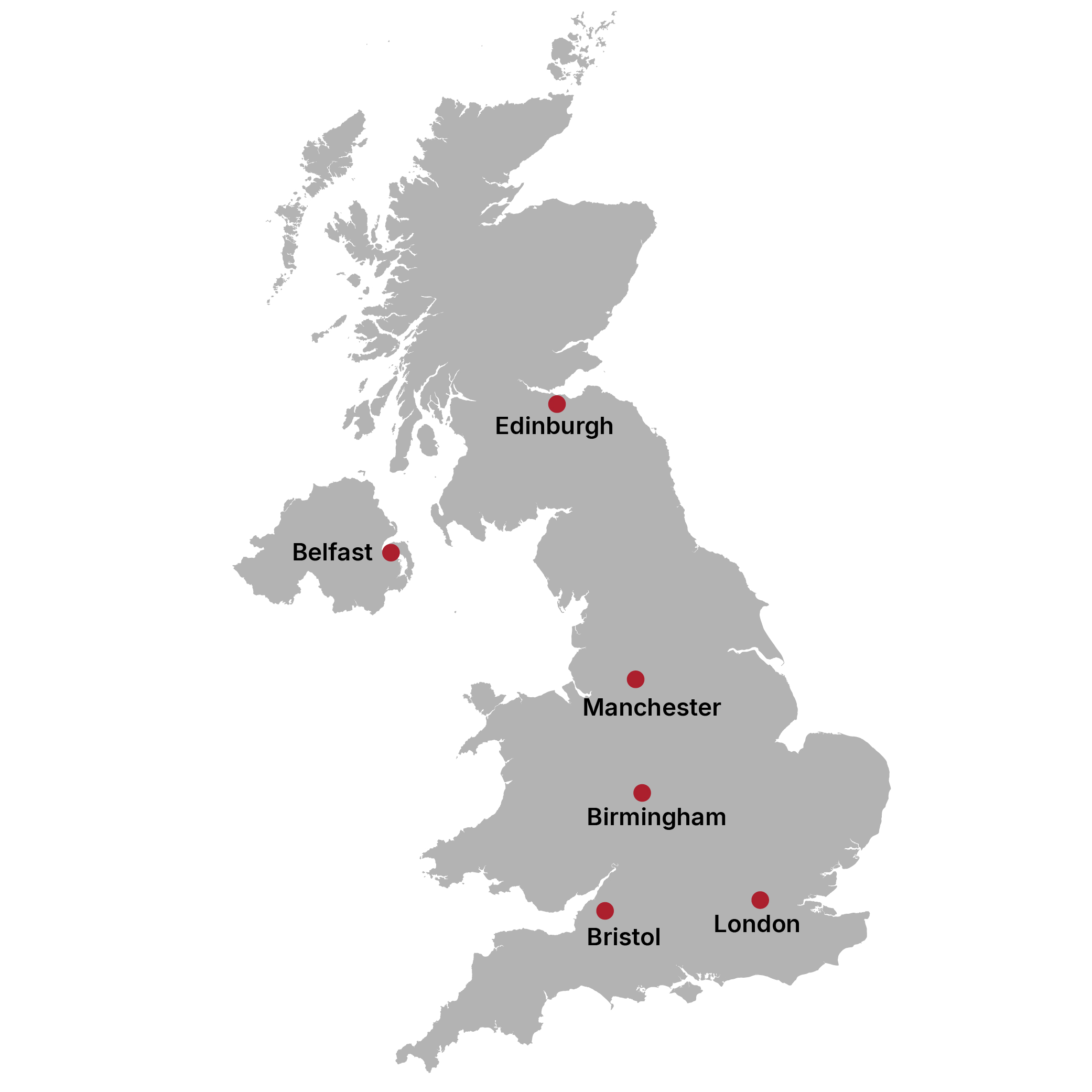 A simple red map of the UK with several cities indicated